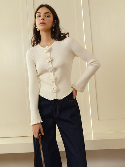 3D Çiçekli Marul Kenarlı Hırka