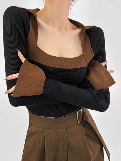 Kaburgalı Renk Bloklu İnce Kazak