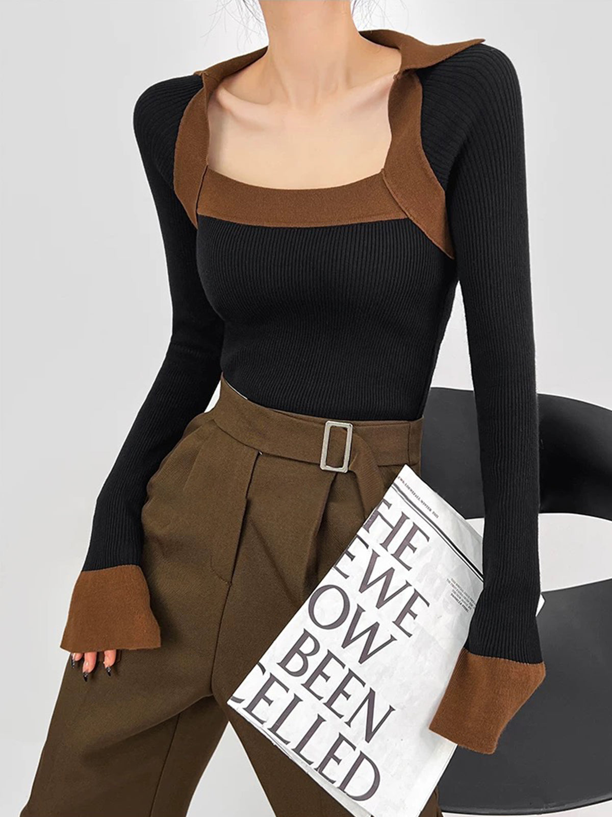 Kaburgalı Renk Bloklu İnce Kazak