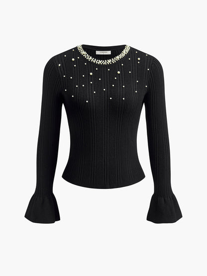 İnci Dekorlu Volanlı Manşetli Örgü Üst