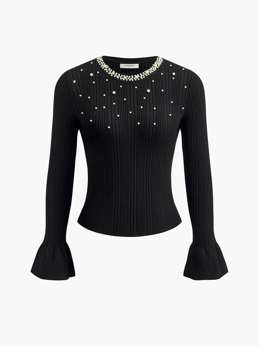 İnci Dekorlu Volanlı Manşetli Örgü Üst