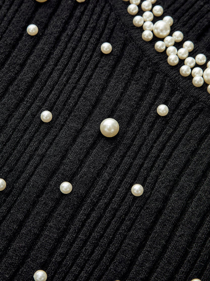 İnci Dekorlu Volanlı Manşetli Örgü Üst