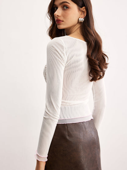 Yarı Şeffaf Anahtar Deliği Yaka Çiçekli File Tişört