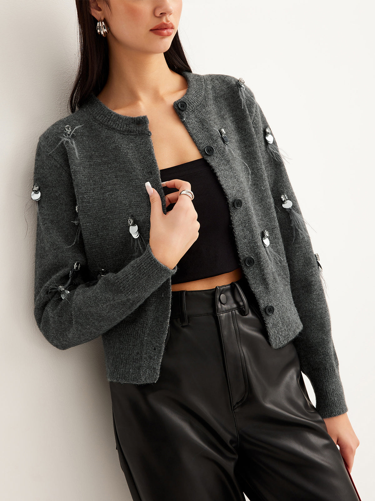 Leisure Düğmeli Payetli Hırka