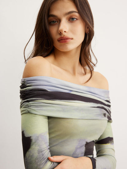 Omuz Açık Boya Baskılı Tişört