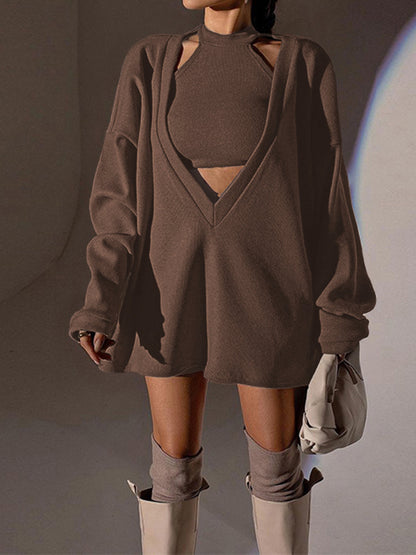 Yelekli Düz Kaburga Örgü Sweatshirt