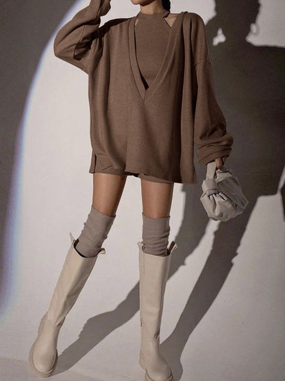 Yelekli Düz Kaburga Örgü Sweatshirt