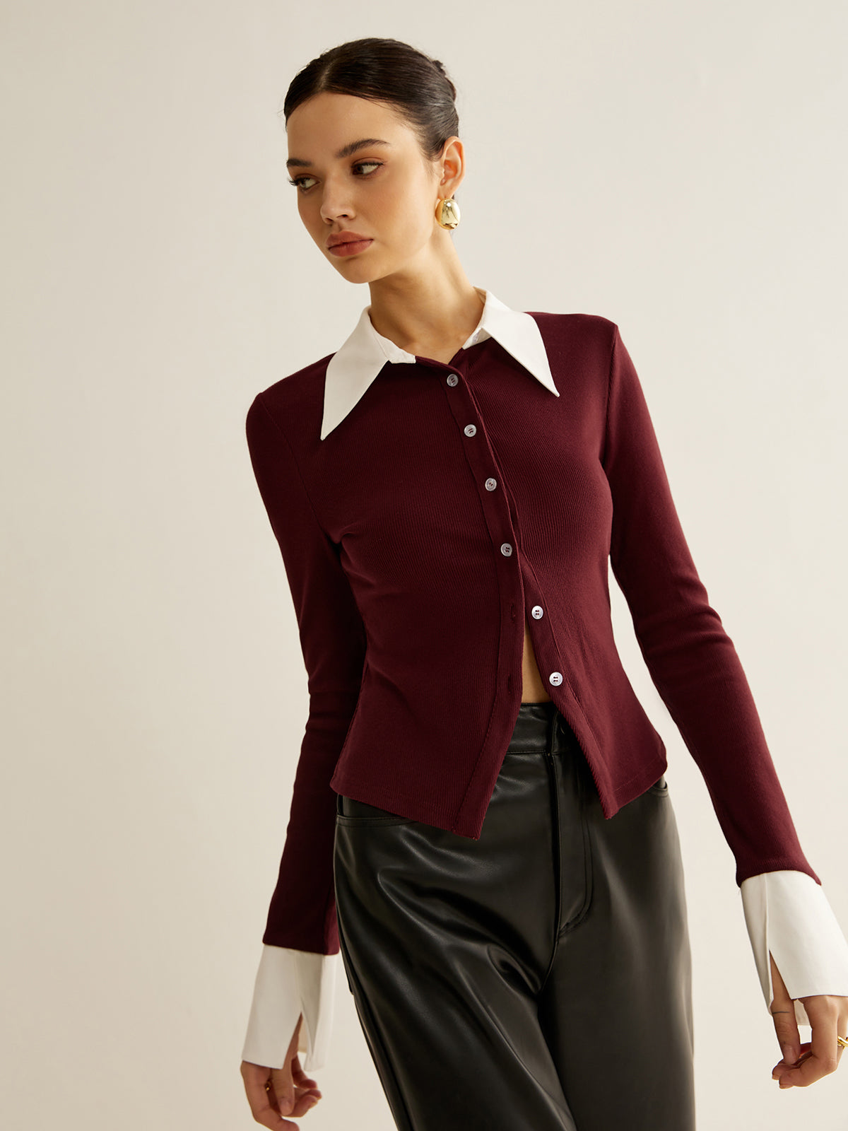 2'si 1 Arada Kontrast Bağlamalı Düğmeli Gömlek