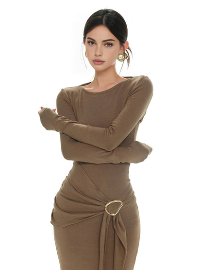 Düz Büzgülü İnce Örgü Elbise