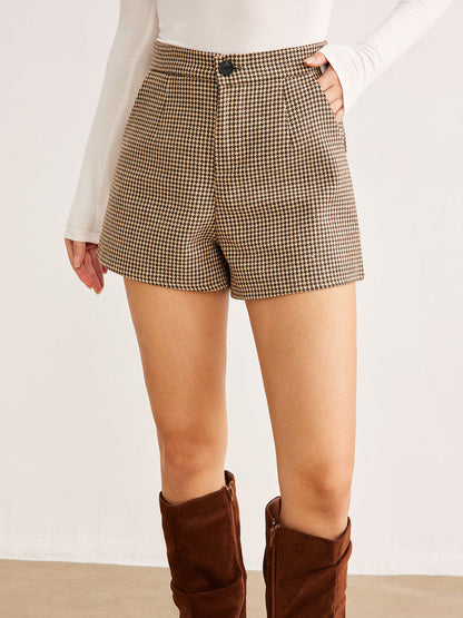 Houndstooth Düğmeli Şort