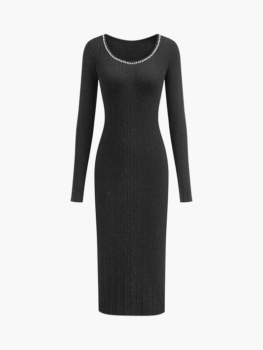 Yapay Elmas Dekorlu Düz Kazak Elbise