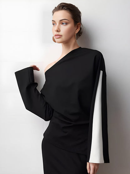 Asimetrik Renk Bloklu Jersey Tişört