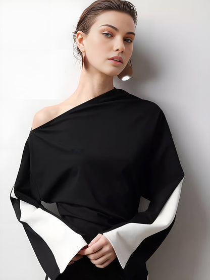 Asimetrik Renk Bloklu Jersey Tişört