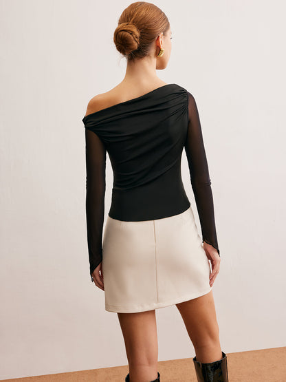 Asimetrik Büzgülü Yarı Şeffaf Tişört