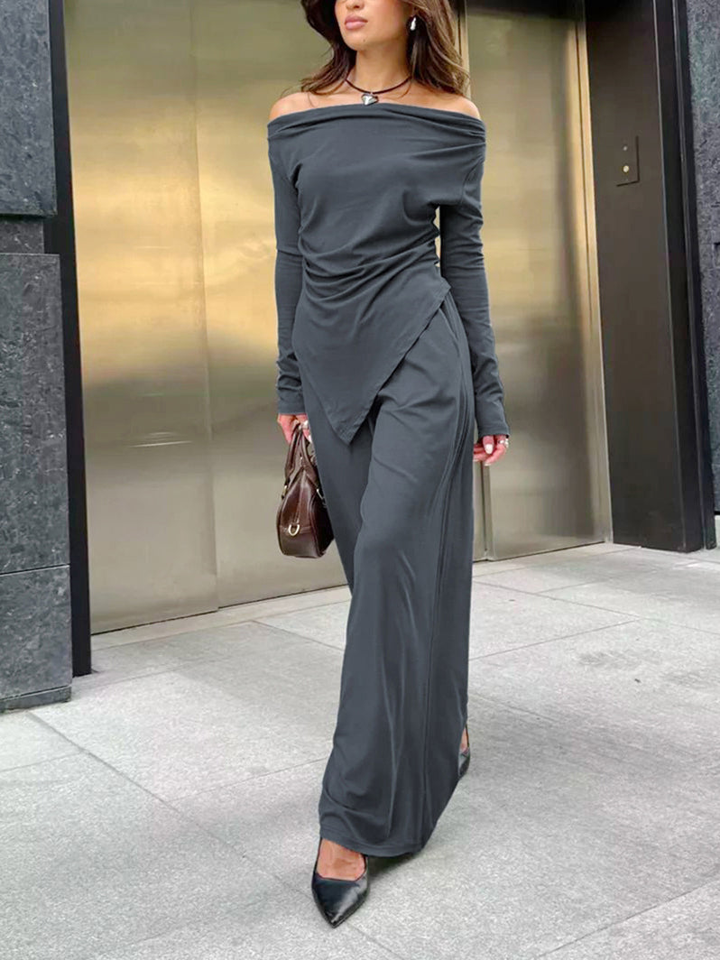 Asimetrik Büzgülü Jersey Pantolon Takımı