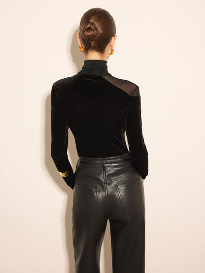 Yığma Yaka Şeffaf Detaylı Kadife Bluz