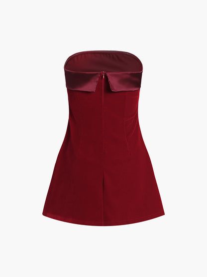 Saten Kadife Straplez Kısa Elbise