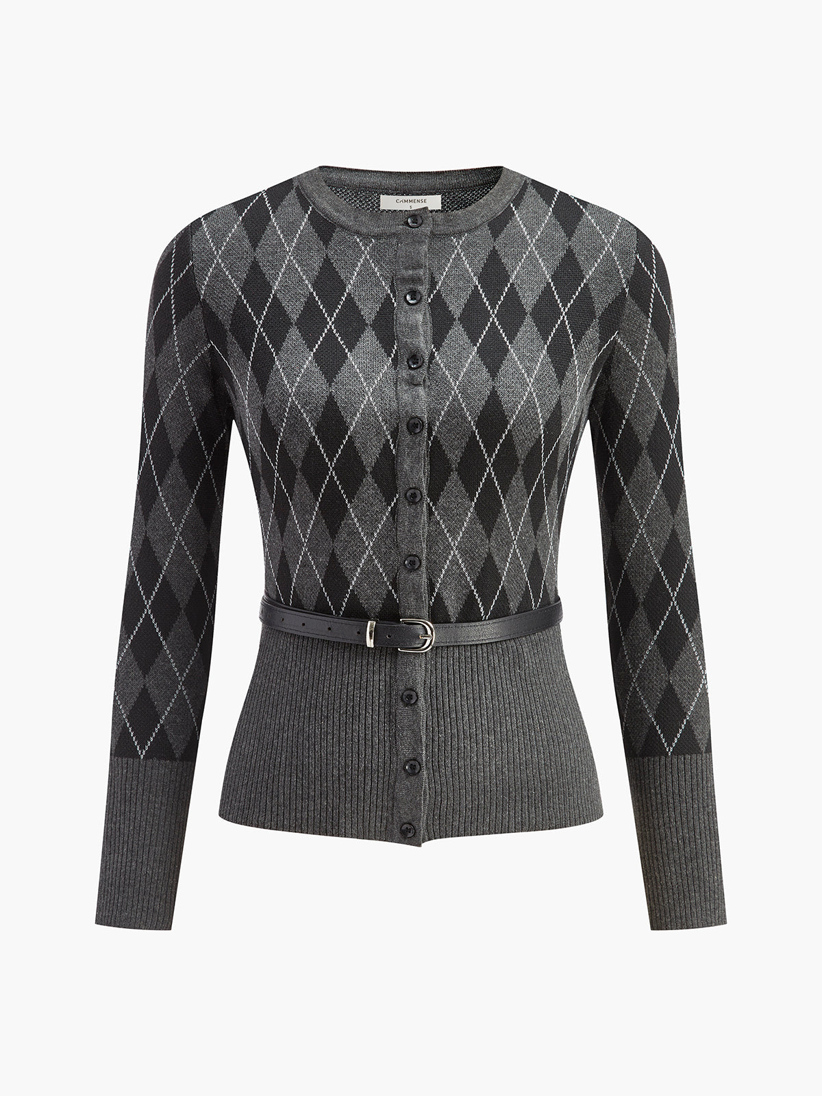 Eşkenar Dörtgen Desenli Kemerli Düğmeli Hırka