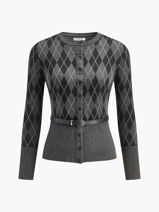 Eşkenar Dörtgen Desenli Kemerli Düğmeli Hırka