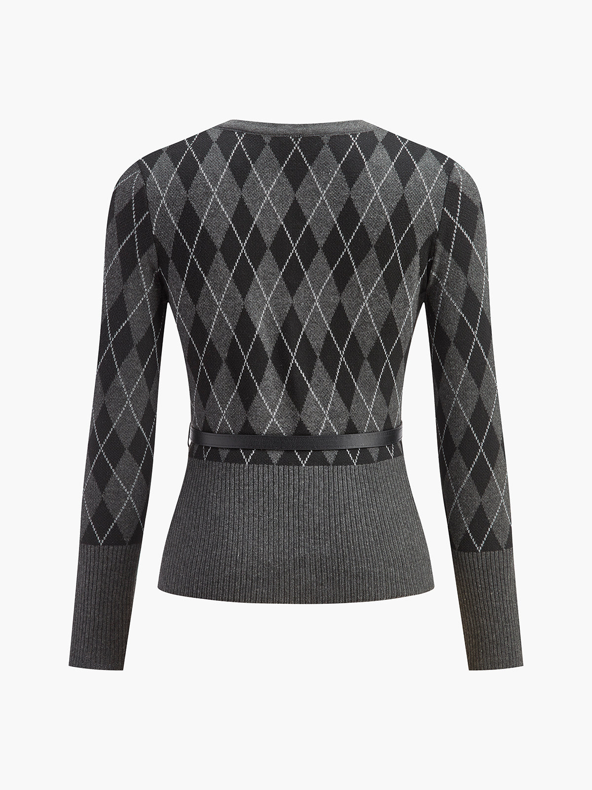 Eşkenar Dörtgen Desenli Kemerli Düğmeli Hırka