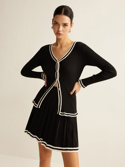 Kontrast Kesim Pileli Örgü Etek Takımı