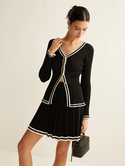 Kontrast Kesim Pileli Örgü Etek Takımı