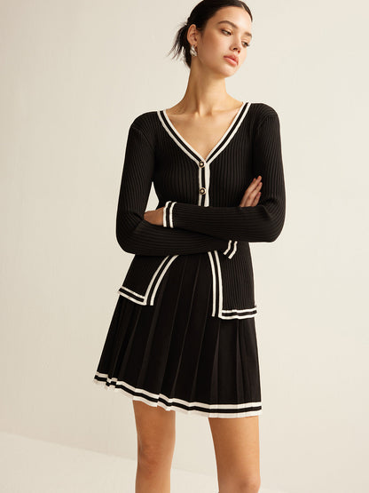 Kontrast Kesim Pileli Örgü Etek Takımı