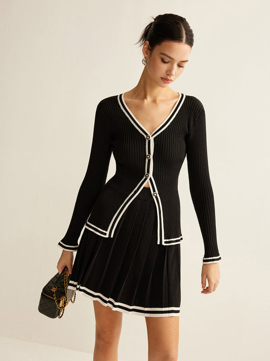 Kontrast Kesim Pileli Örgü Etek Takımı