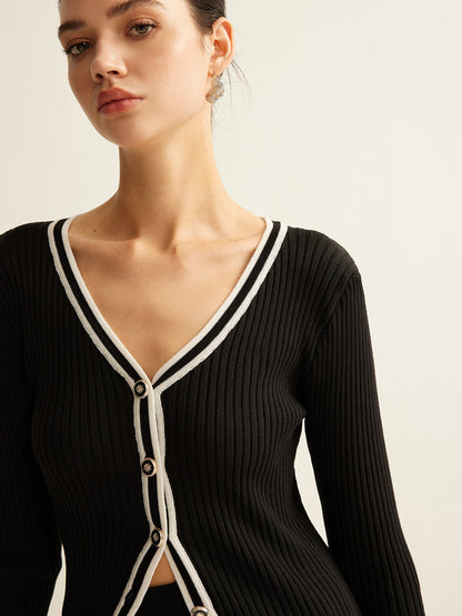 Kontrast Kesim Pileli Örgü Etek Takımı