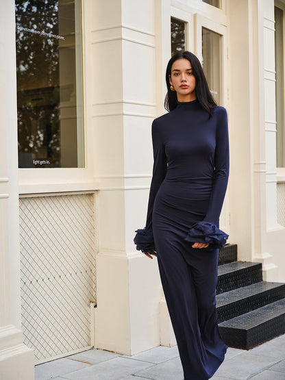 Zarif Volanlı Uzun Jersey Elbise