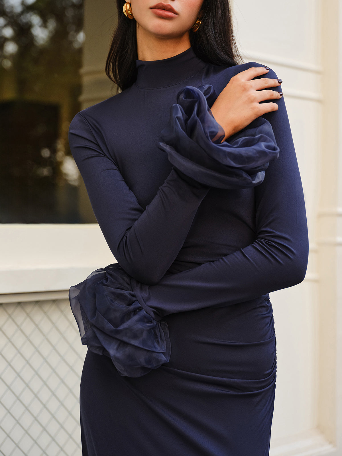 Zarif Volanlı Uzun Jersey Elbise