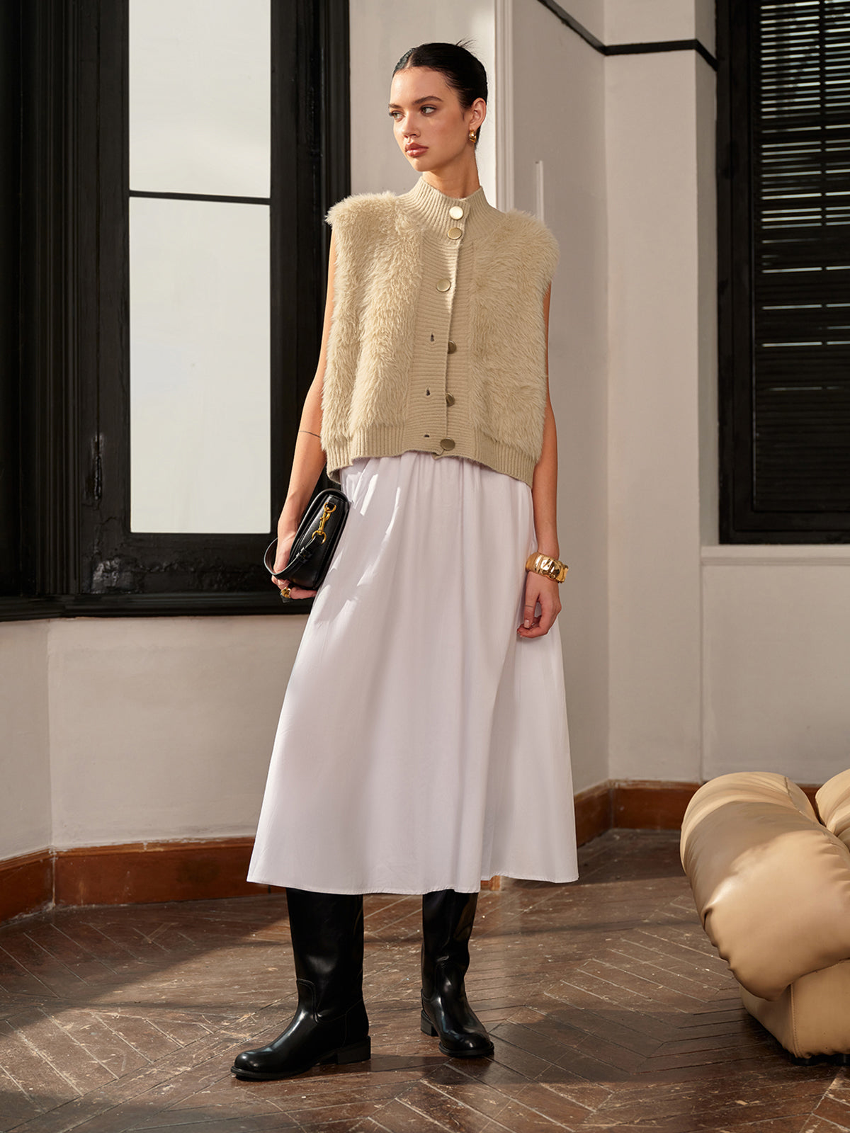 Balıkçı Yaka Düğmeli Tüylü Yelek