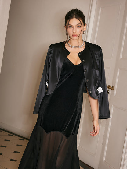 Yarı Şeffaf Şifon Etek Ucu Kadife Askılı Elbise