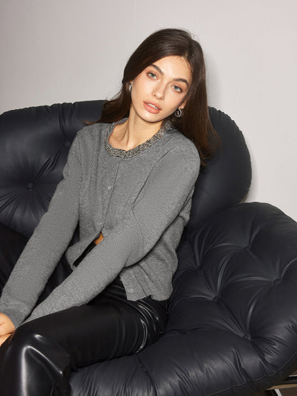 Yapay Elmas Yakalı Göğüslü Hırka