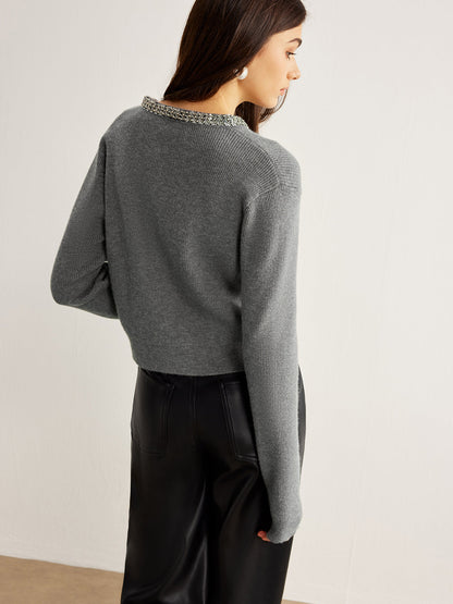 Yapay Elmas Yakalı Göğüslü Hırka