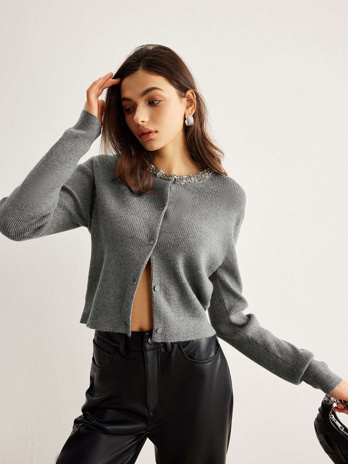 Yapay Elmas Yakalı Göğüslü Hırka