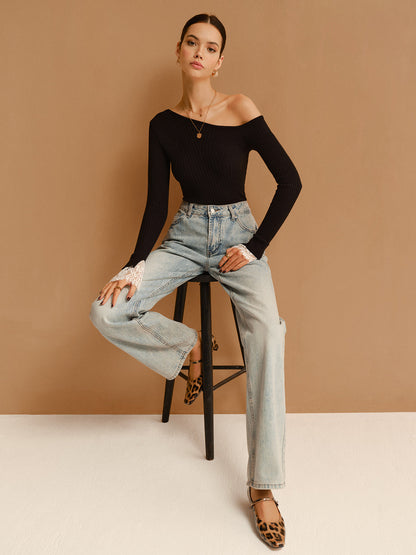 Asimetrik Dantel Manşet İnce Kazak