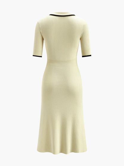 Kontrast Kesim Yakalı Ribana Örgü Kısa Kollu Midi Elbise