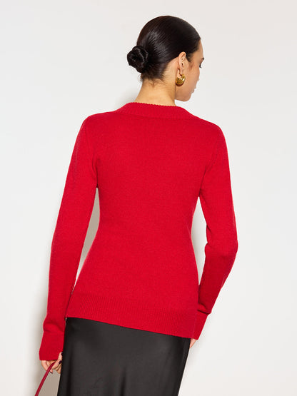 V Yaka 3D Çiçekli Dar Örgü Üst