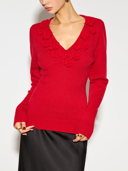 V Yaka 3D Çiçekli Dar Örgü Üst