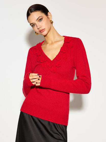 V Yaka 3D Çiçekli Dar Örgü Üst