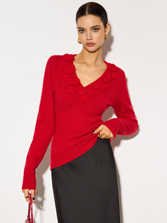 V Yaka 3D Çiçekli Dar Örgü Üst