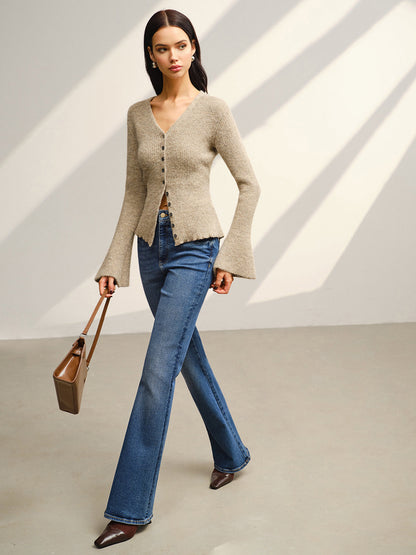 V Yaka Çan Kollu Düğmeli Hırka