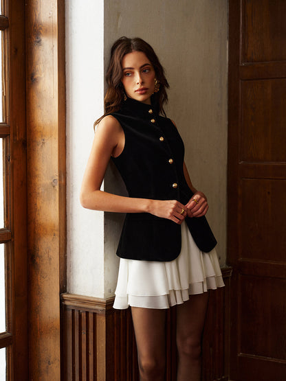 Düğmeli Yırtmaçlı Kadife Üst ve Şifon Etek Takımı