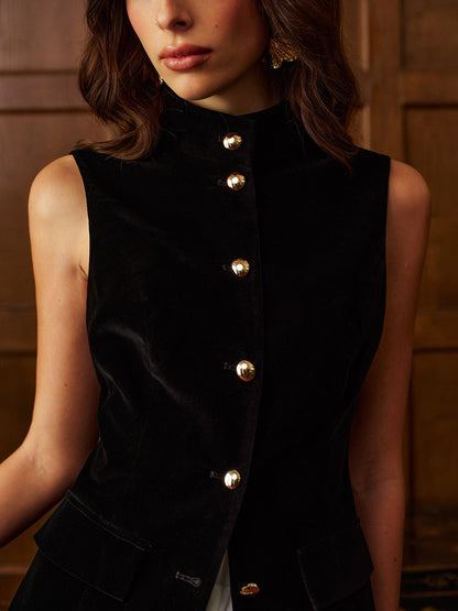 Düğmeli Yırtmaçlı Kadife Üst ve Şifon Etek Takımı