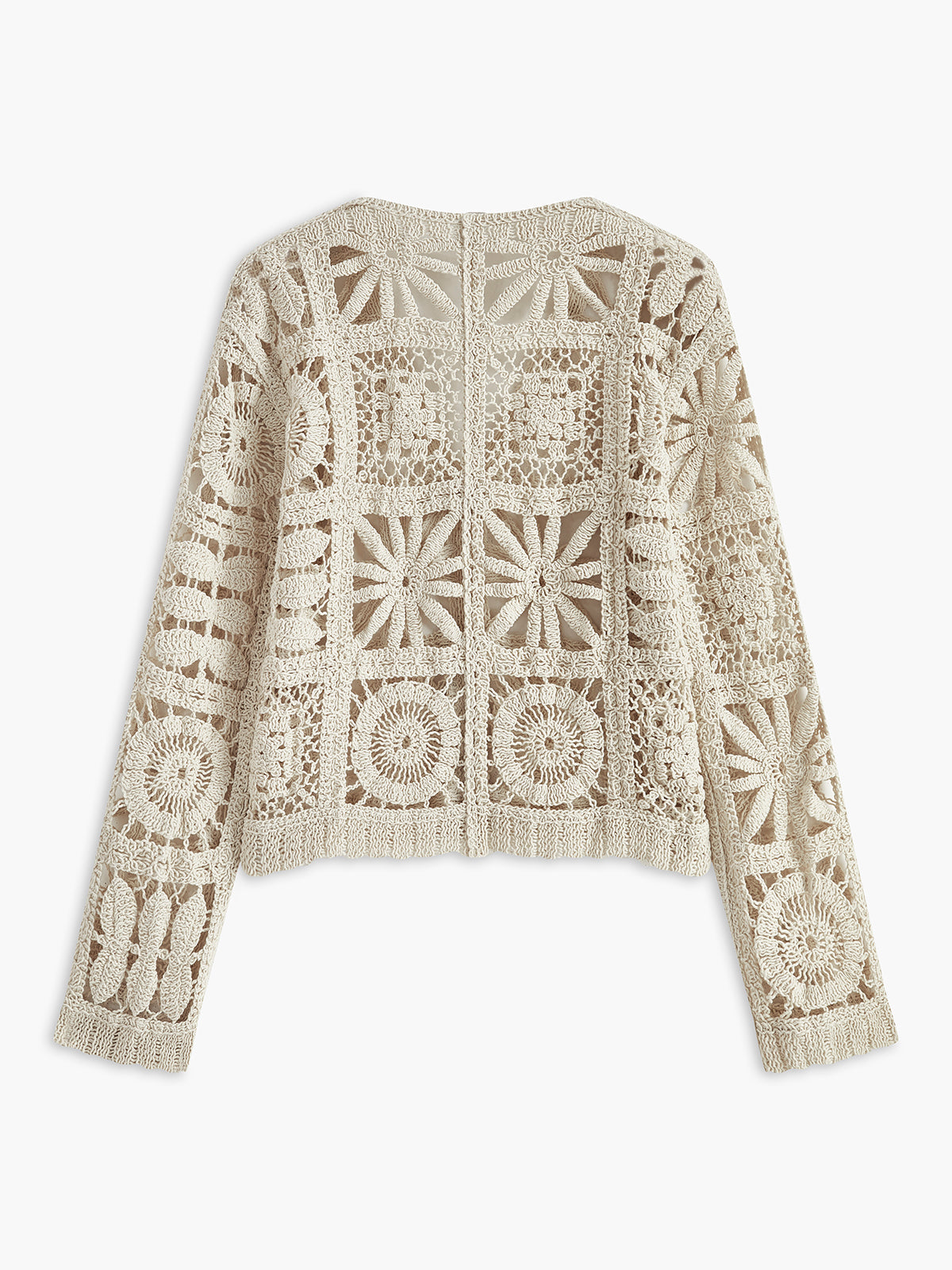 Tığ İşi Kare Desenli Düğmeli Hırka