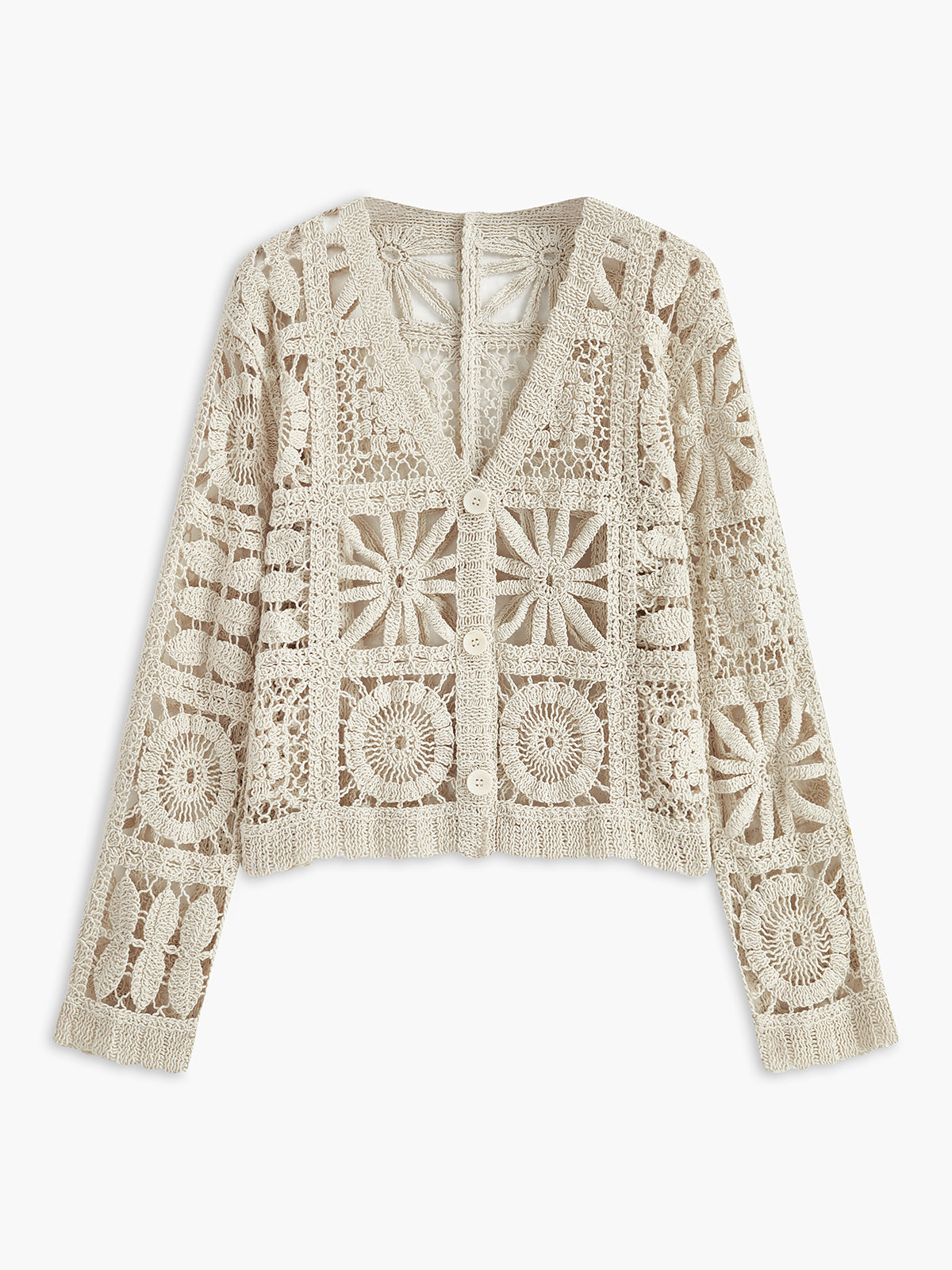 Tığ İşi Kare Desenli Düğmeli Hırka