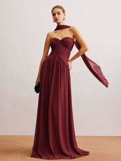 Yarı Şeffaf Büzgülü Uzun Kurdeleli Tüp Elbise