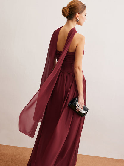 Yarı Şeffaf Büzgülü Uzun Kurdeleli Tüp Elbise