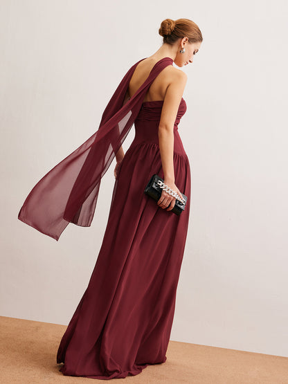 Yarı Şeffaf Büzgülü Uzun Kurdeleli Tüp Elbise